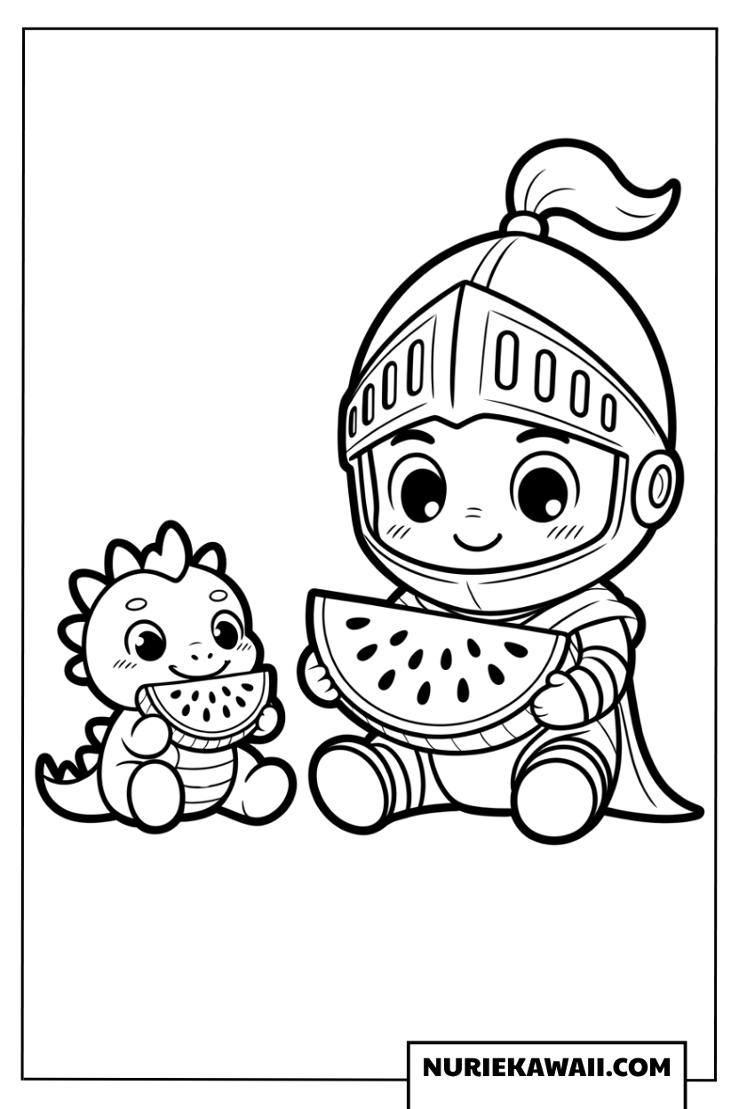 スイカを食べるちび騎士と赤ちゃんドラゴンの塗り絵