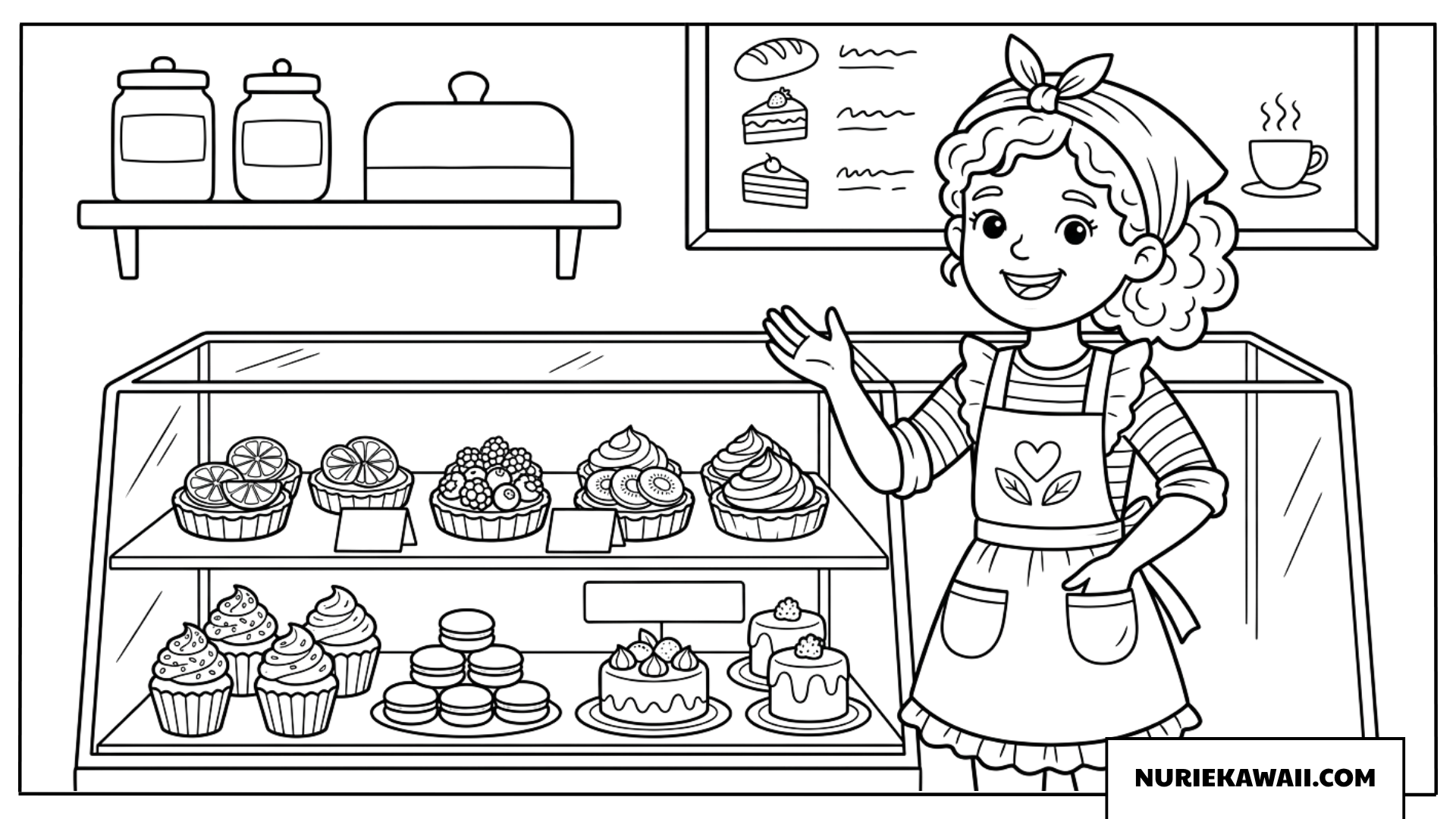 スイーツショーケースを紹介する可愛いショップ店員女の子塗り絵