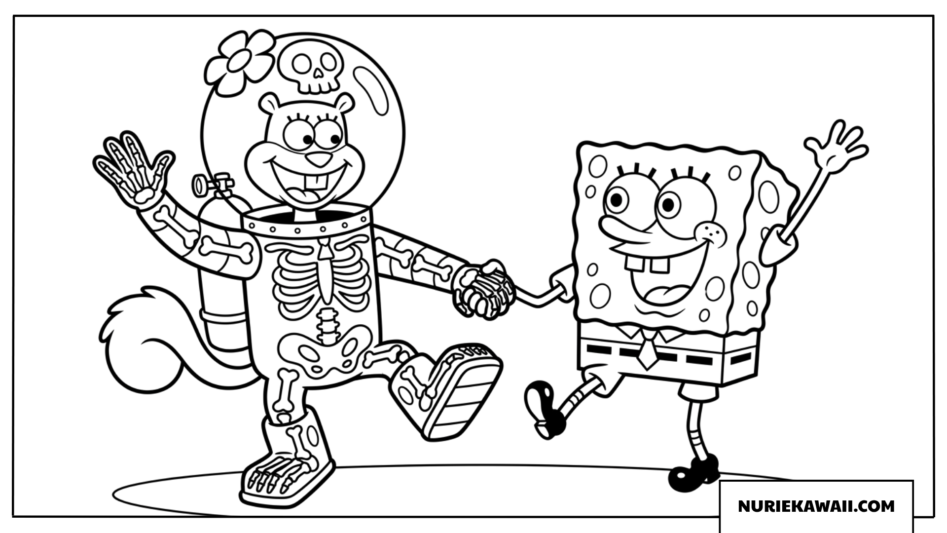 スケルトンの仮装をしたサンディと踊るスポンジボブの塗り絵