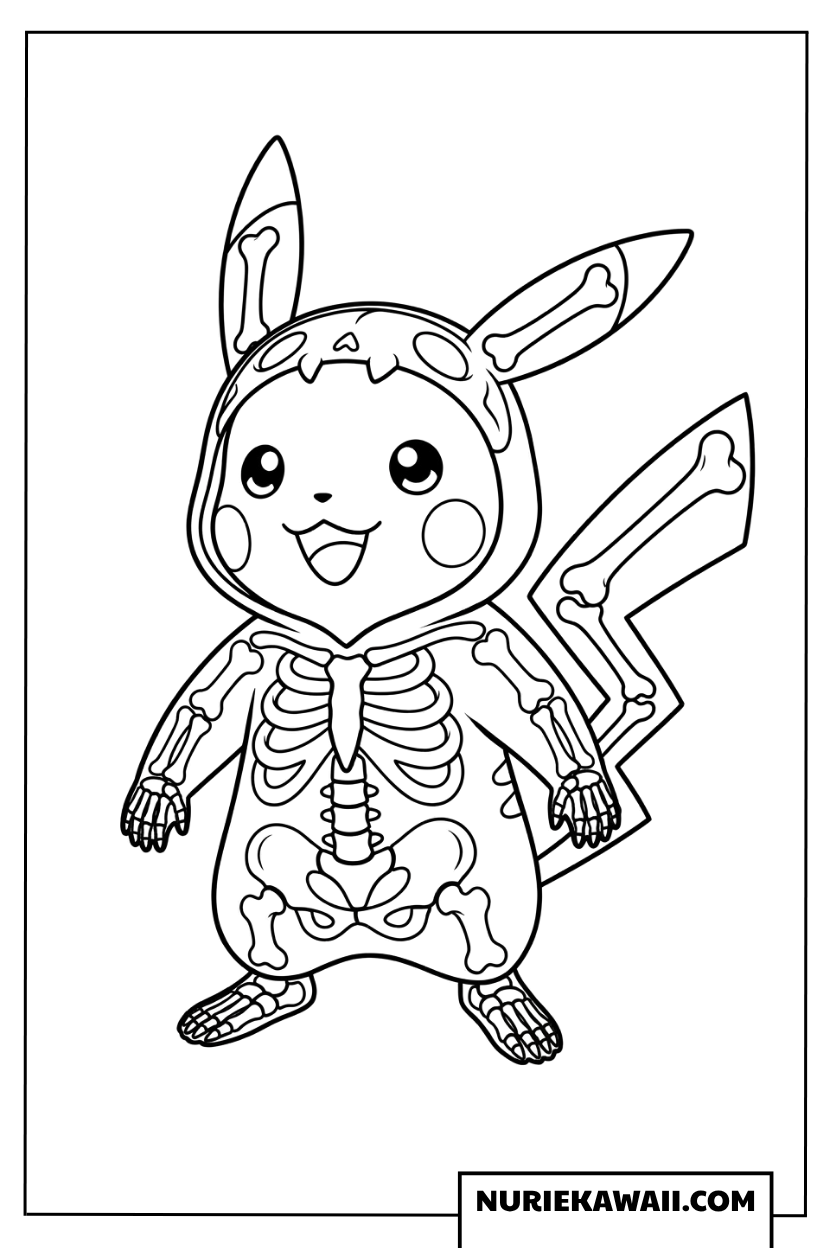 スケルトンの衣装を着たユニークなピカチュウの塗り絵