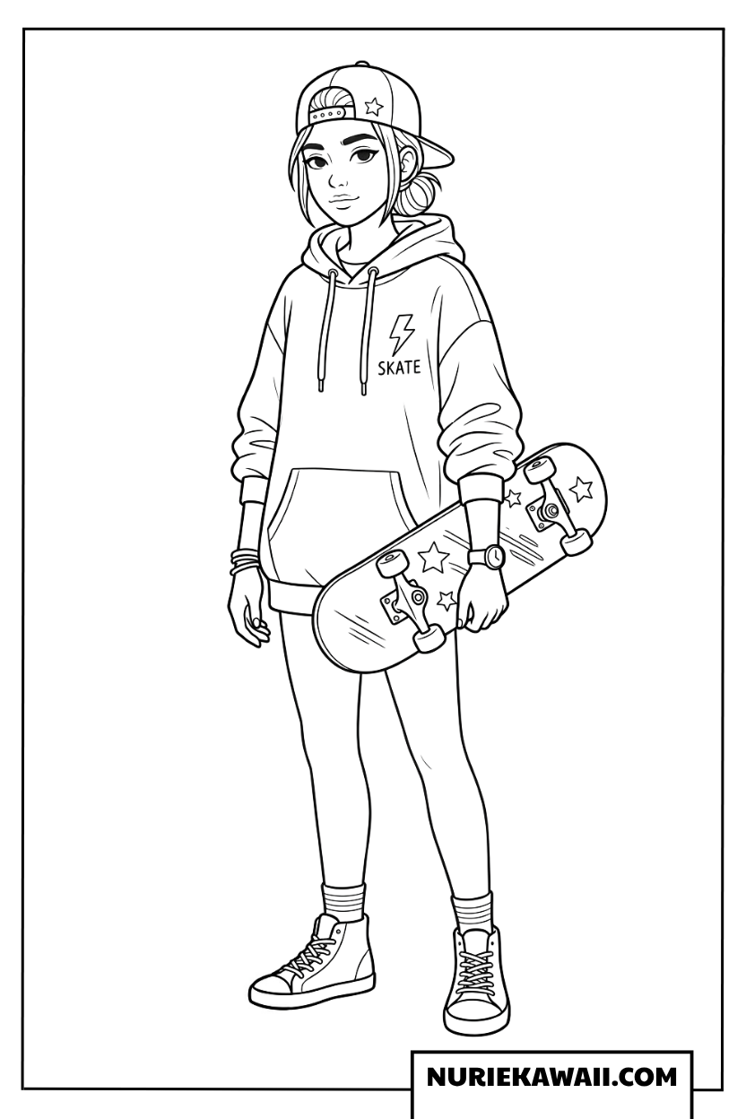 スケートボードを持つストリート系女子の塗り絵