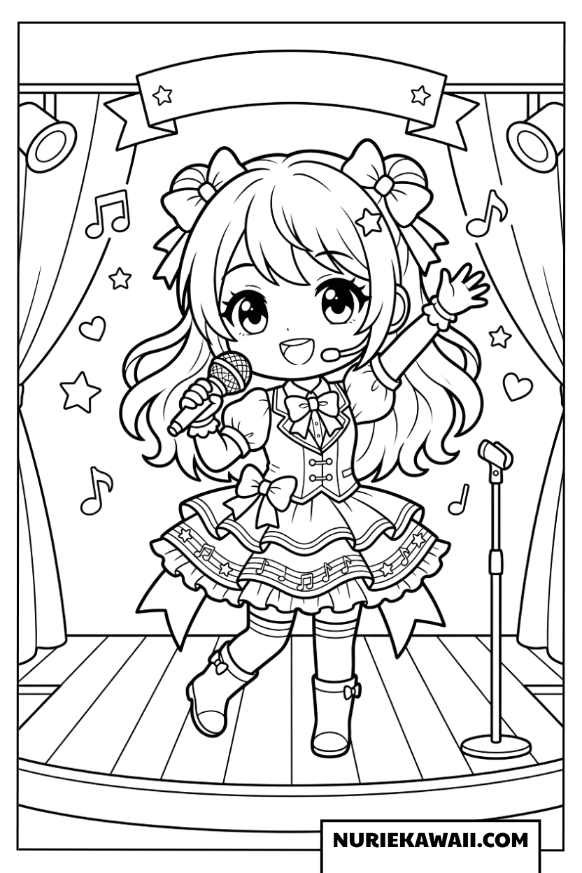 ステージで歌うアイドルちびキャラ女の子の塗り絵