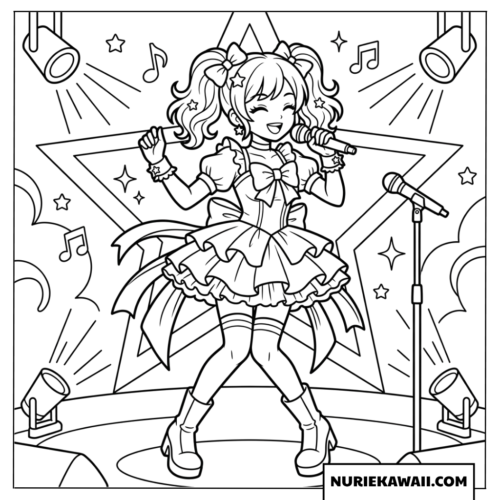 ステージで華やかに歌うポップアイドルの女の子の塗り絵
