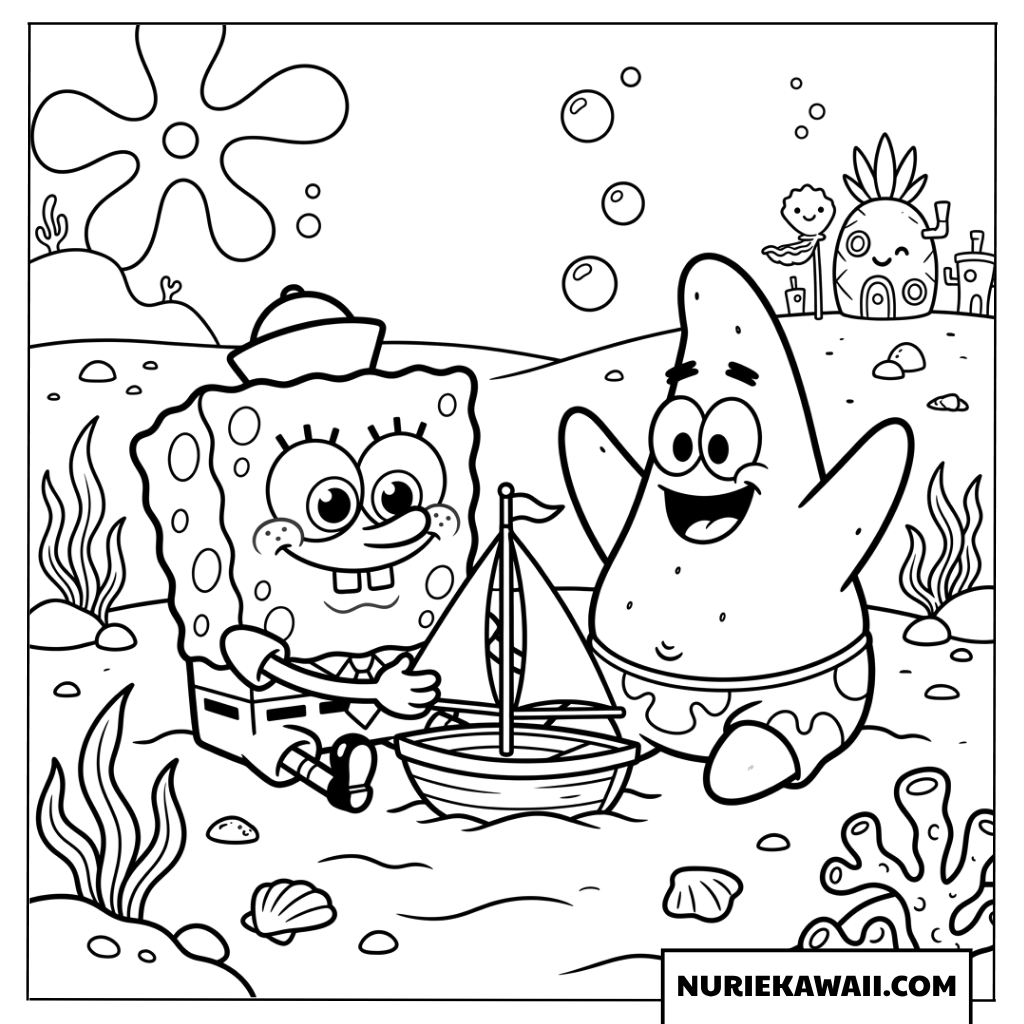スポンジボブとパトリックの海でのヨット遊び塗り絵