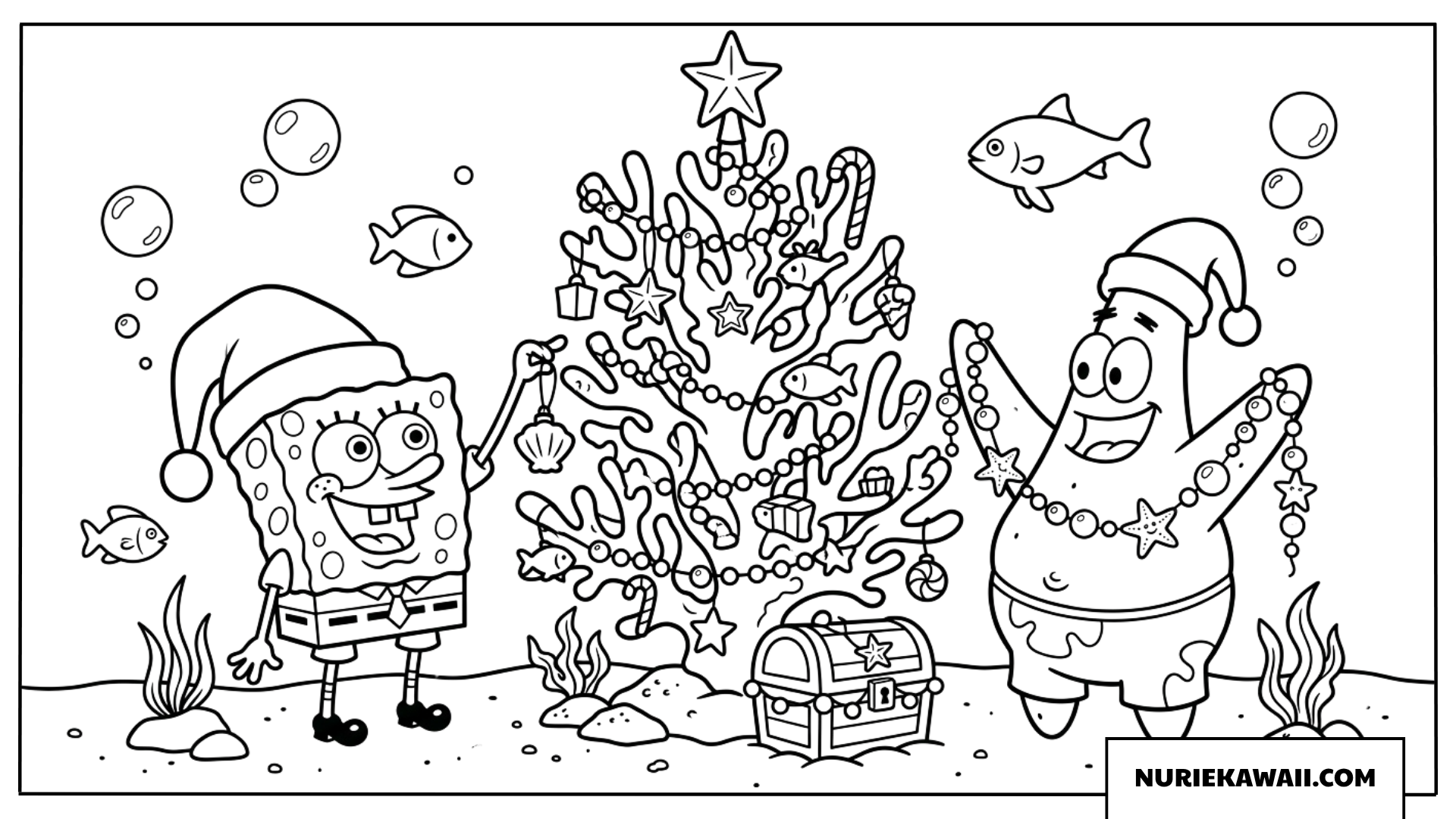 スポンジボブとパトリックの深海クリスマスツリー飾り付け塗り絵