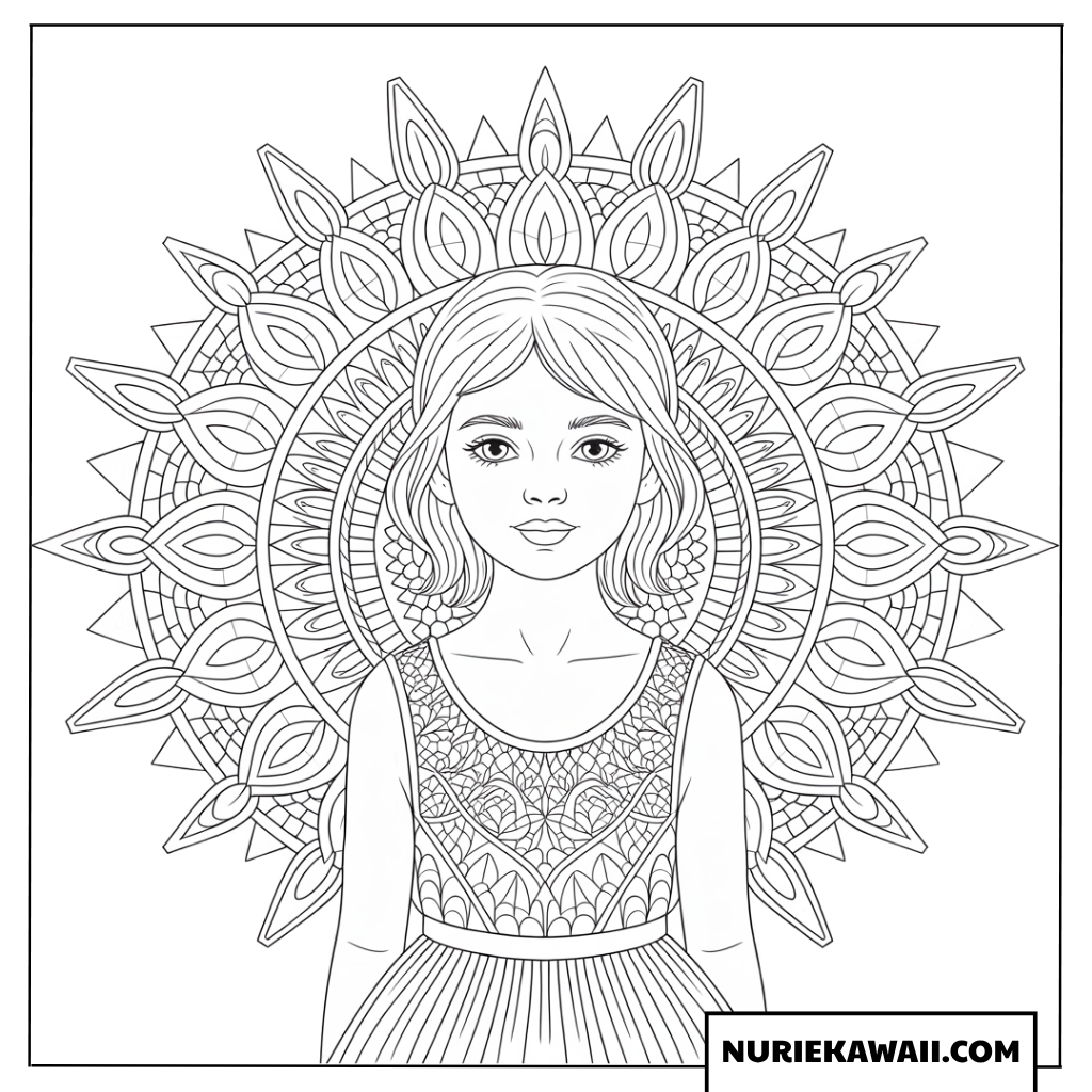 ゼンタングル調のマンダラ模様に囲まれた美しい女の子の塗り絵
