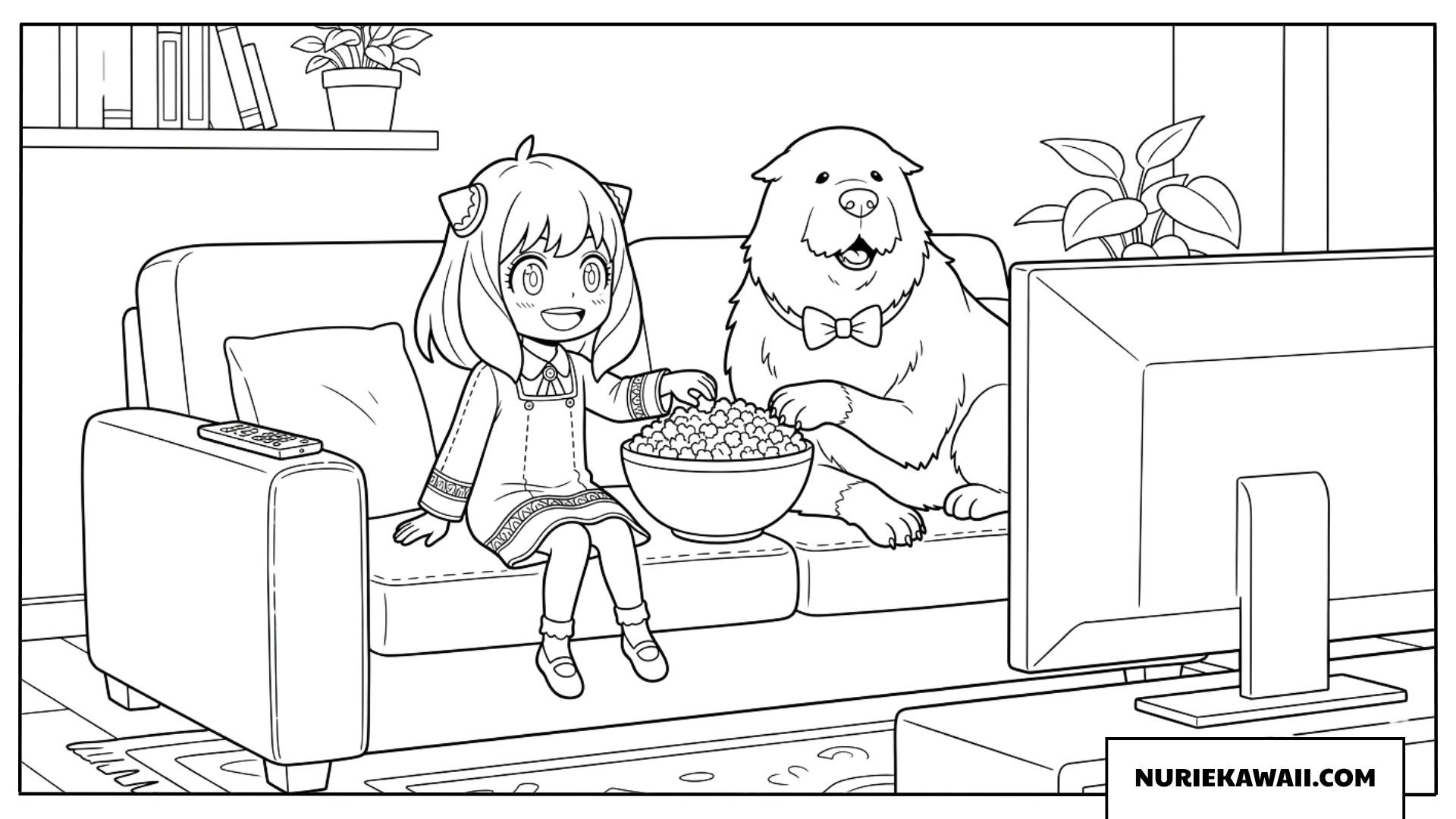 ソファで一緒にポップコーンを食べながらテレビを見るアーニャとボンドの塗り絵