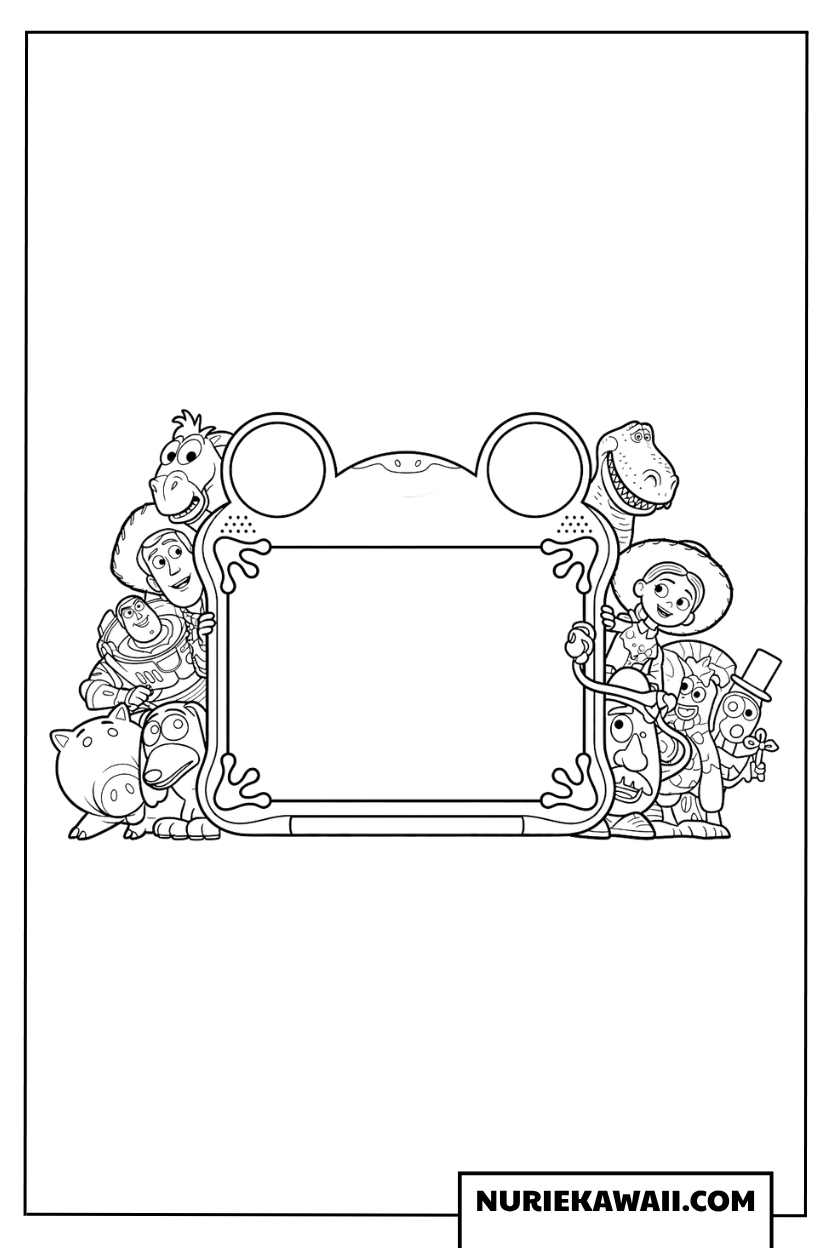 タブレットのリリーパッドと大集合したオモチャたちの塗り絵