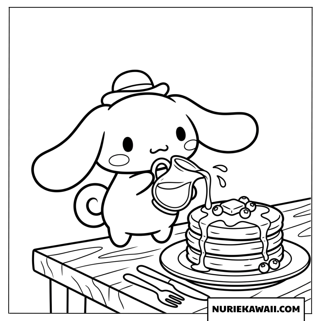 タワーパンケーキに甘いシロップを丁寧にかけるシナモロールの塗り絵