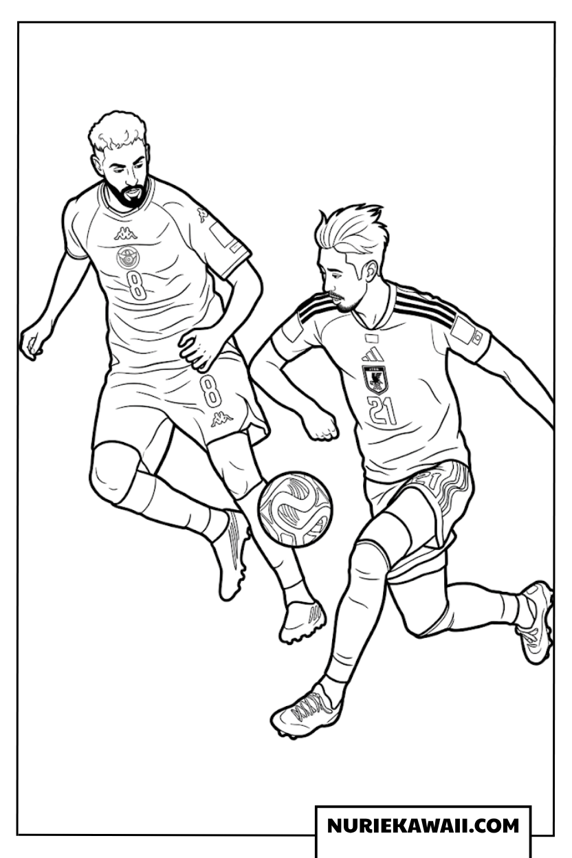 チュニジアの選手と激しいスピード勝負を展開する上田綺世選手の塗り絵