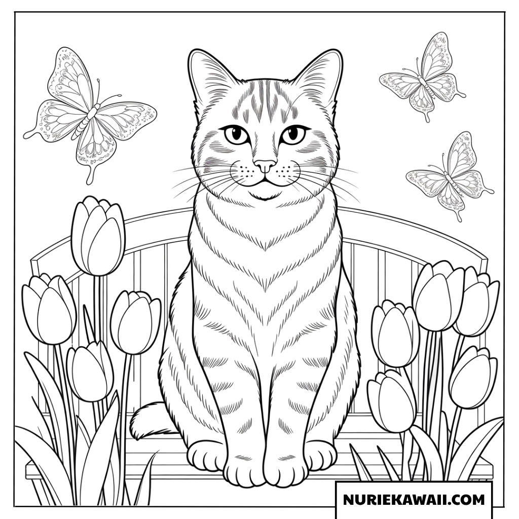 チューリップと蝶々に囲まれたお洒落な猫の塗り絵