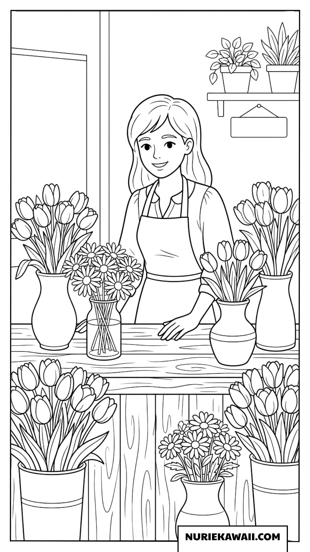 チューリップのカウンターに立つお花屋さん女の子塗り絵