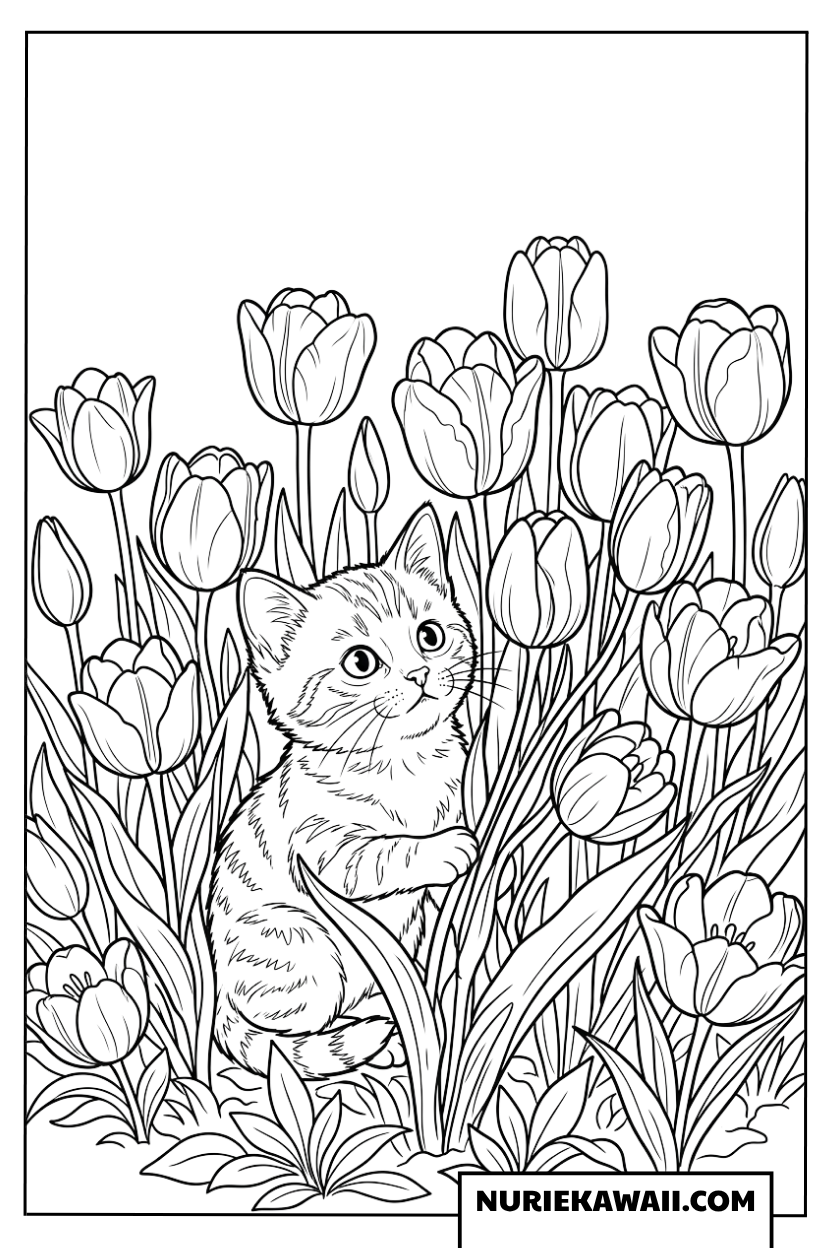 チューリップ畑でかくれんぼする子猫の塗り絵