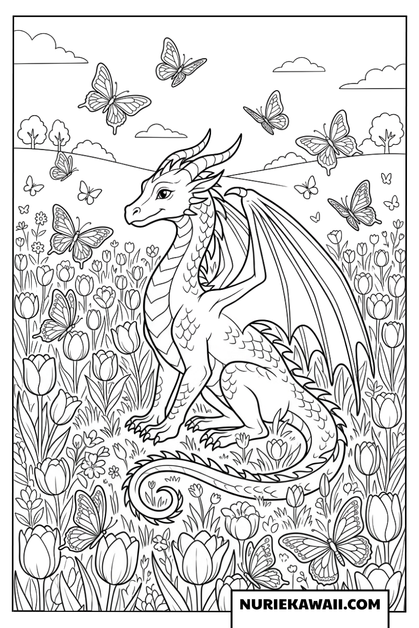 チューリップ畑と蝶々の中で佇む美しいドラゴンの塗り絵