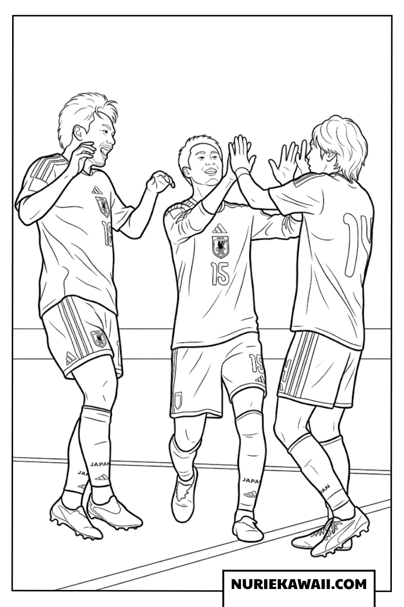 チームメイトとハイタッチをしてゴールを祝福する日本代表選手の塗り絵