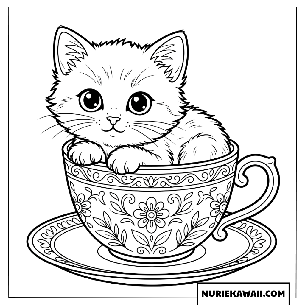 ティーカップに入った子猫の塗り絵