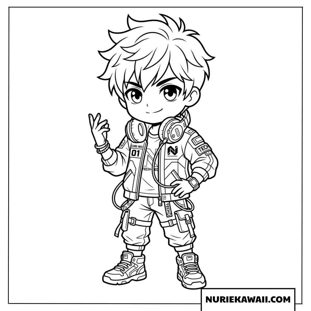 テックジャケットを着たクールなちびキャラ男の子の塗り絵