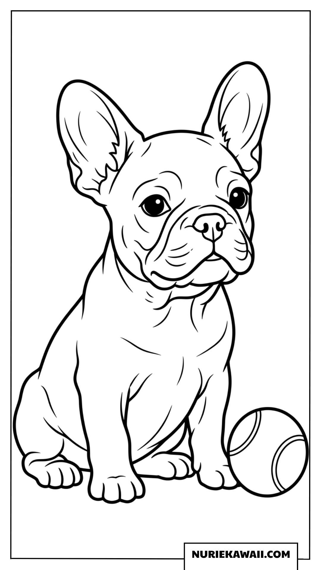 テニスボールの横にお座りするフレンチブルドッグの子犬の塗り絵