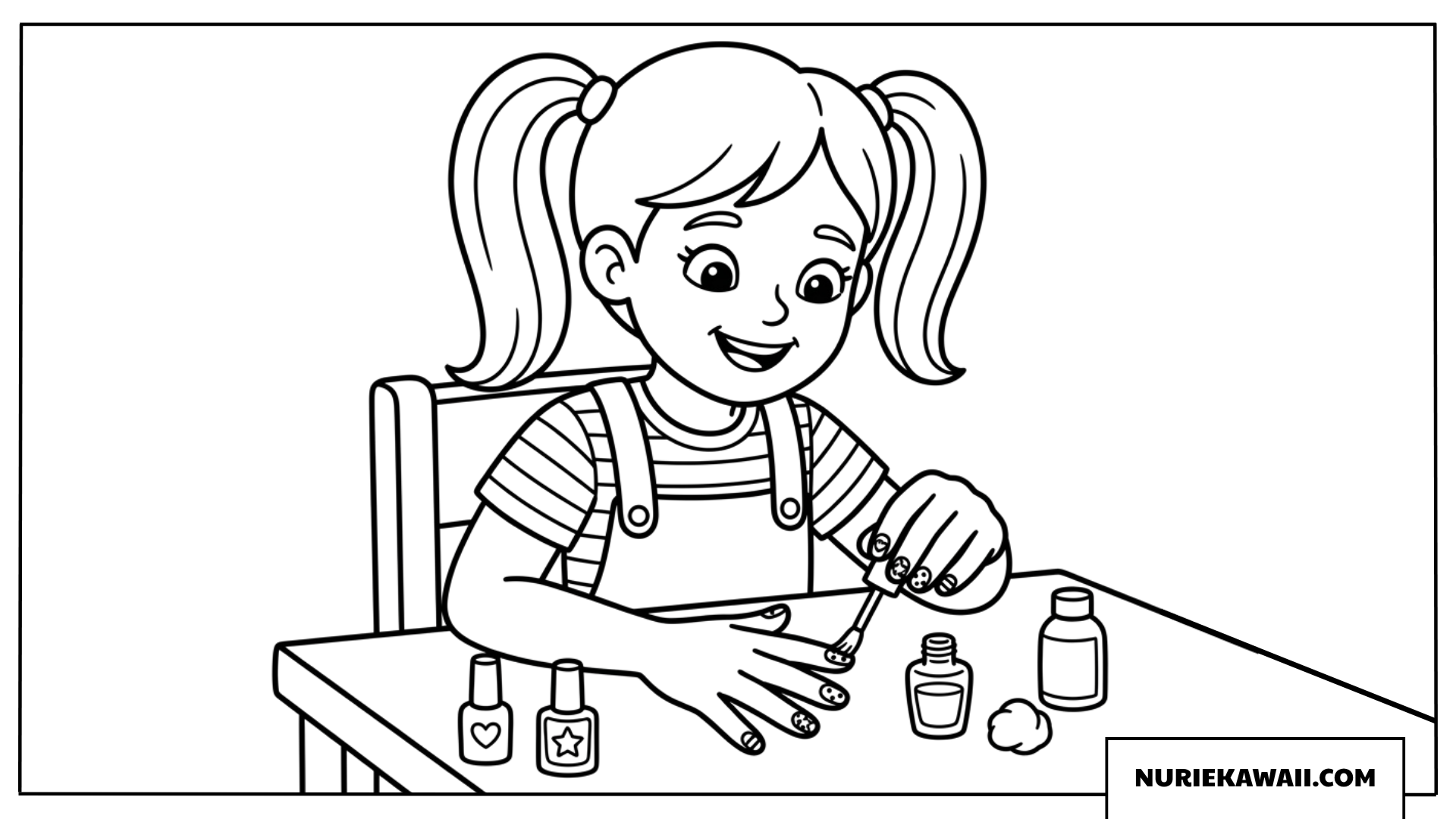 テーブルで楽しくマニキュアを塗る女の子の塗り絵