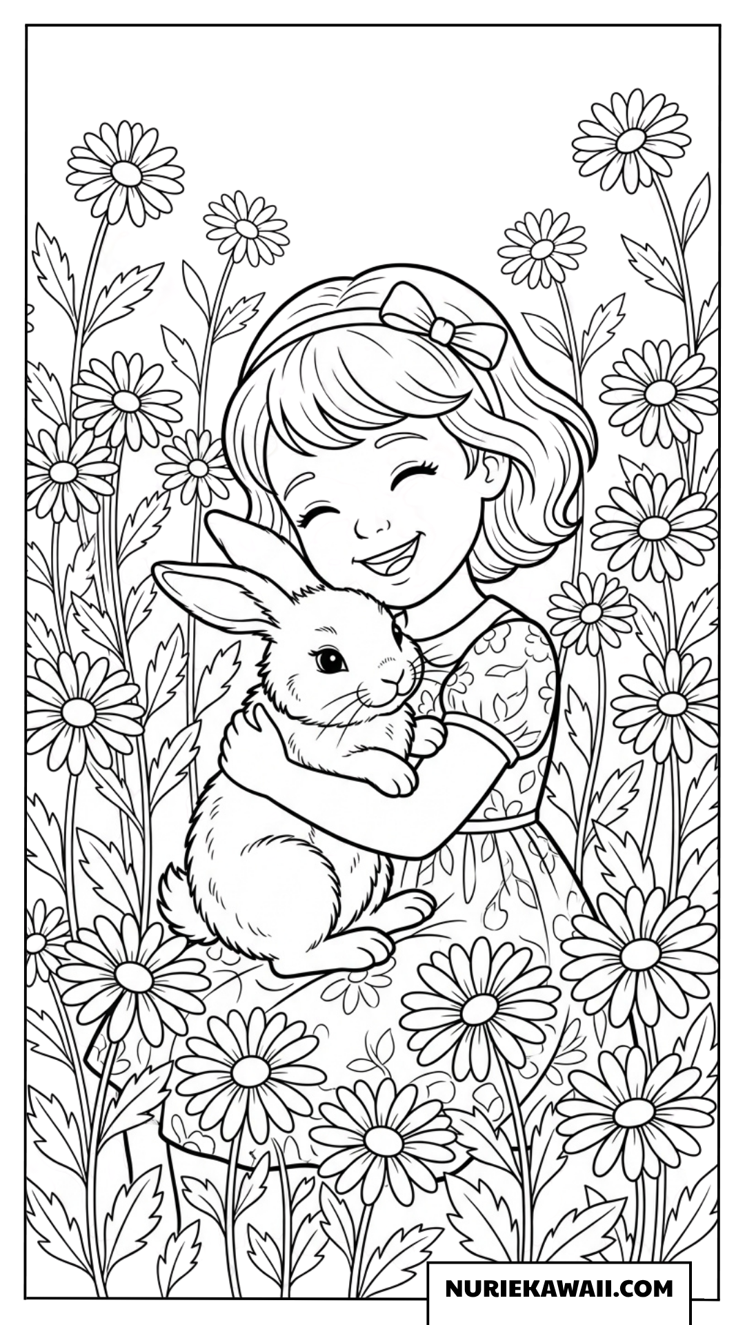 デイジーのお花畑で可愛い子ウサギを優しく抱きしめる女の子の塗り絵