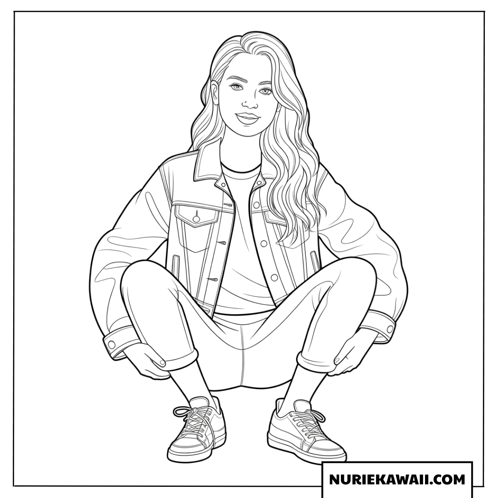 デニムのストリートファッションがおしゃれな女の子の塗り絵