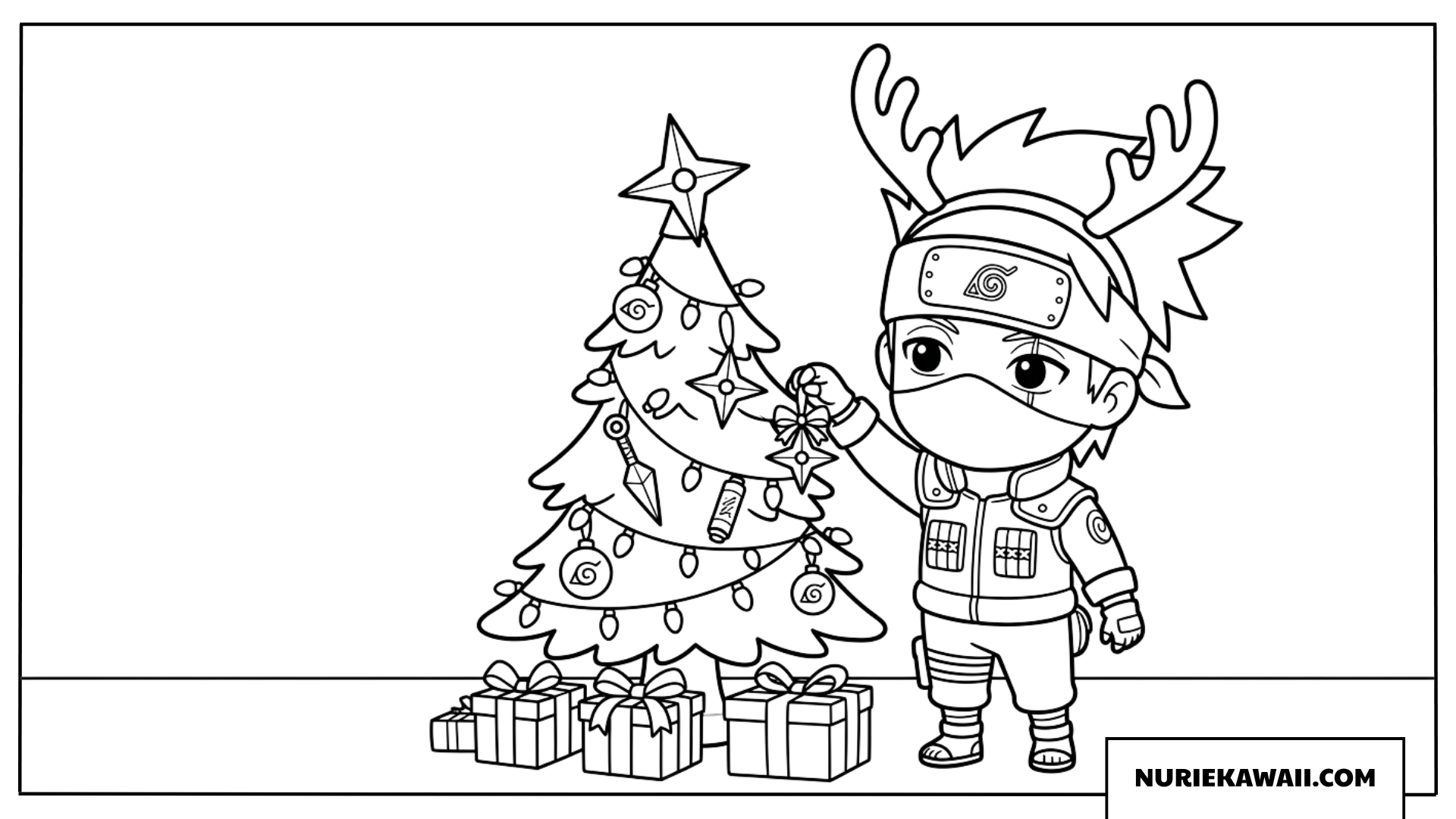 トナカイのカチューシャを付けてクリスマスツリーを飾るカカシ先生の可愛い塗り絵