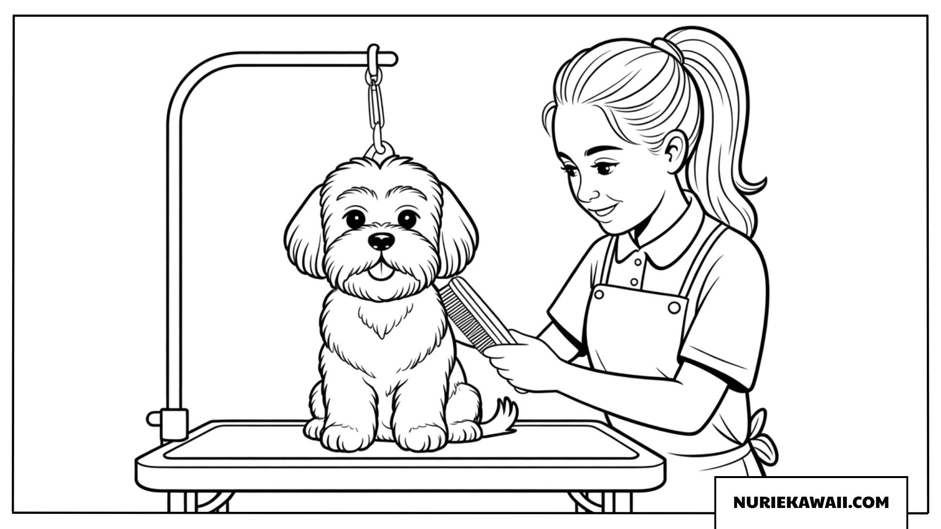 トリマーの女の子が可愛い子犬の毛並みを整える動物塗り絵