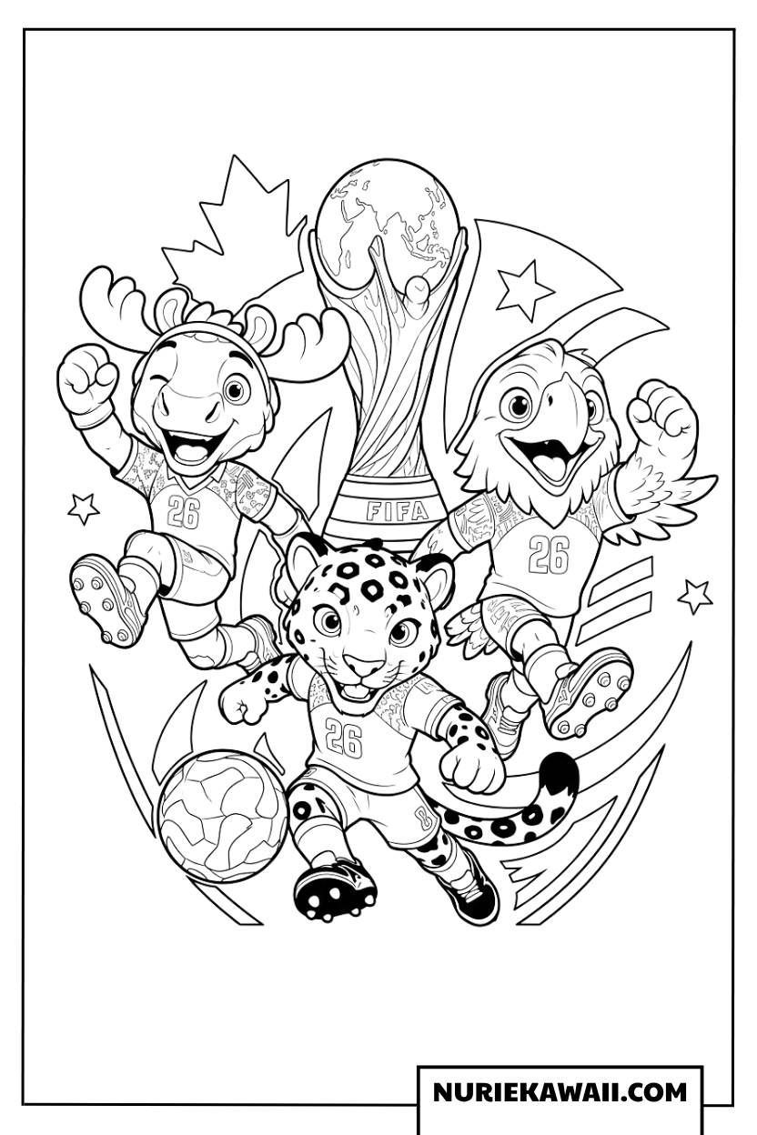 トロフィーと躍動する3国の公式マスコットキャラクターの塗り絵