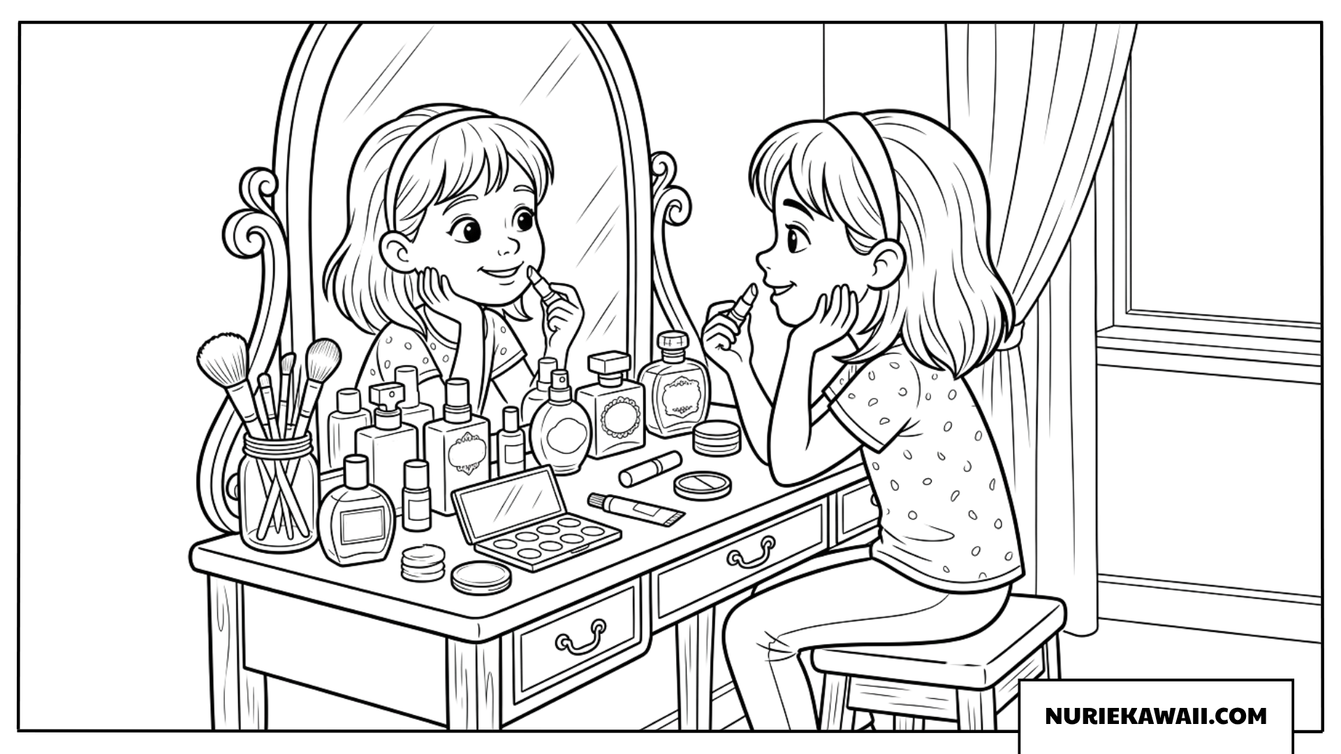 ドレッサーの前で口紅を塗る女の子の塗り絵