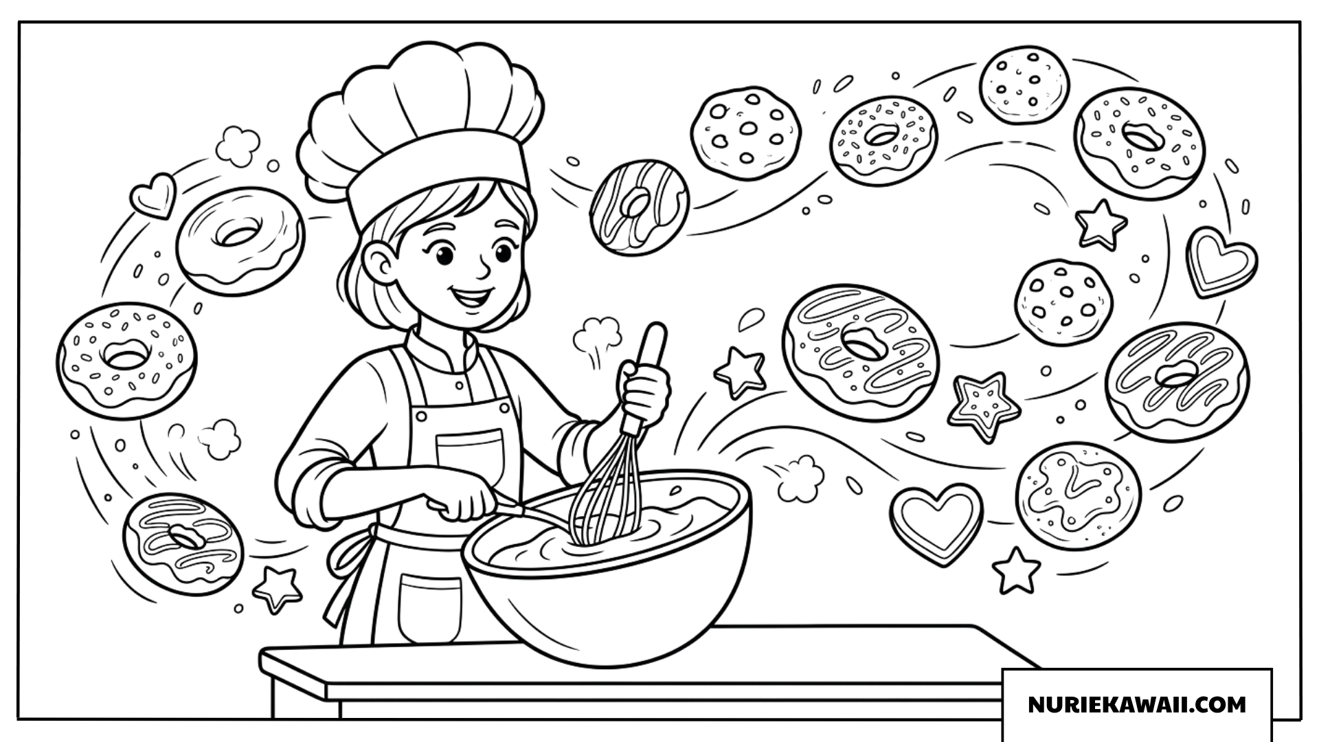 ドーナツやクッキーが空を舞うパティシエの生地作り女の子塗り絵
