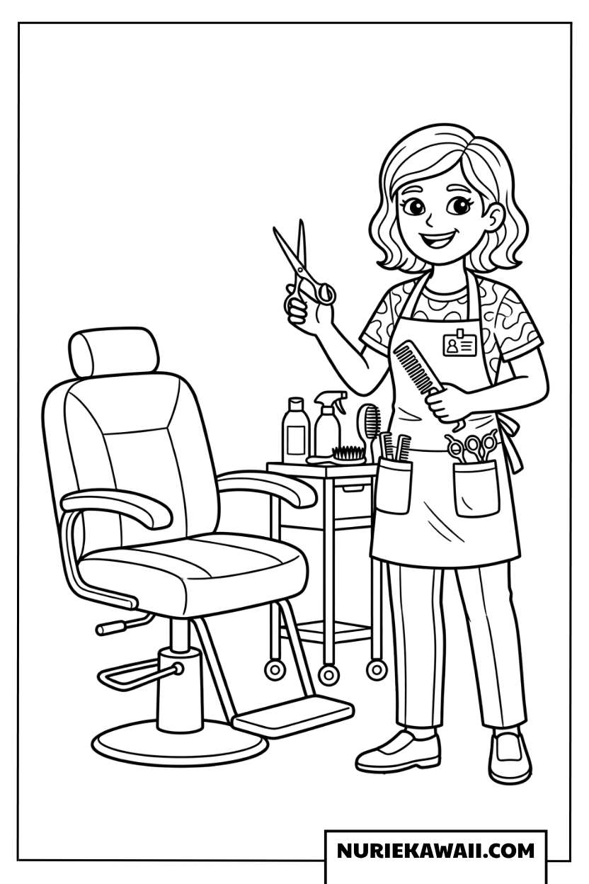 ハサミとコームを持つヘアスタイリストの美容室女の子塗り絵