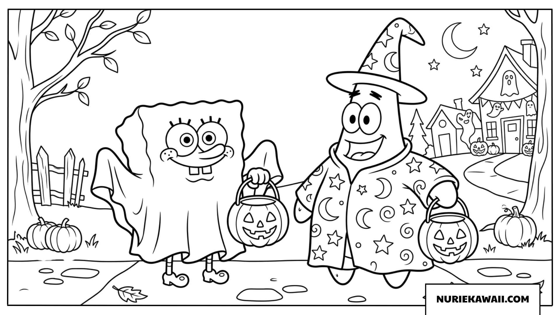ハロウィンでオバケと魔法使いに変装したスポンジボブとパトリックの塗り絵