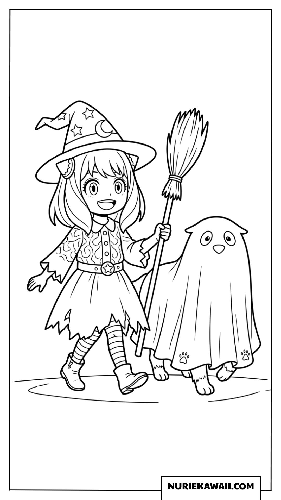 ハロウィンで魔女の仮装をするアーニャとボンドの塗り絵