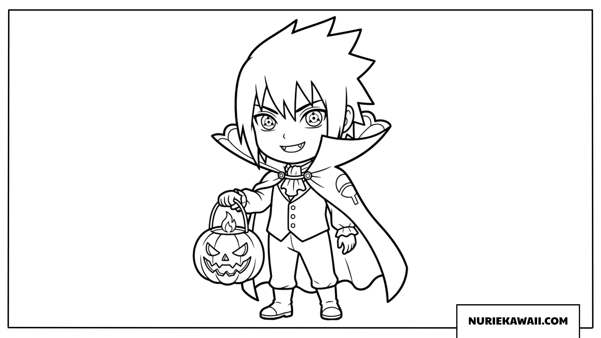 ハロウィンに吸血鬼の仮装をしてジャックオランタンを持つサスケちびキャラの塗り絵