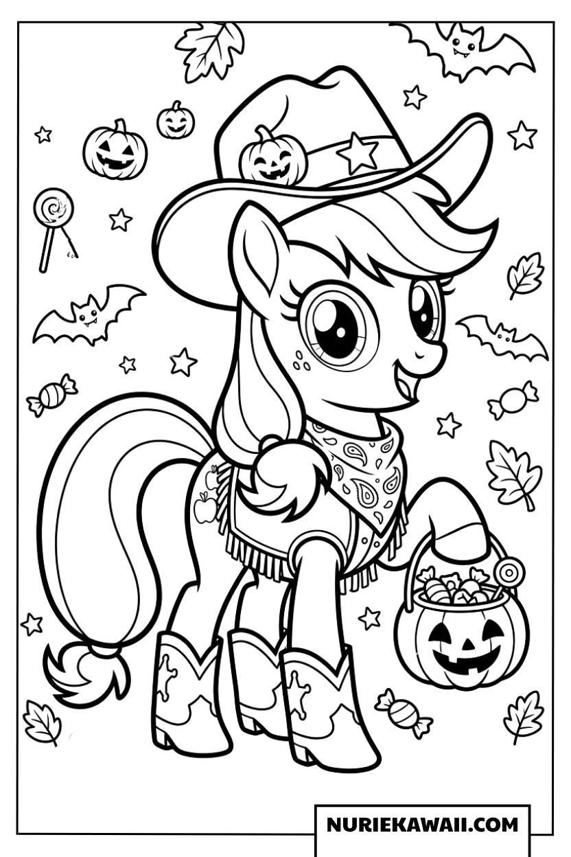 ハロウィンのカボチャと仮装したアップルジャックぬり絵