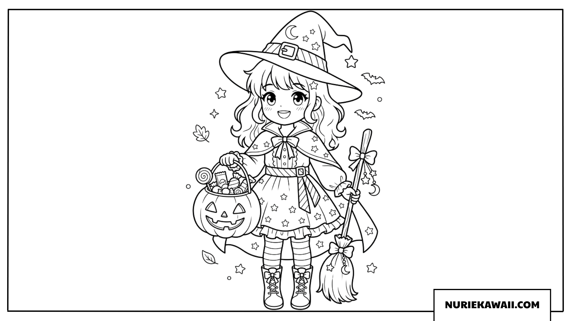 ハロウィンのカボチャのバケツと魔法のほうきを持った可愛い魔女の女の子の塗り絵