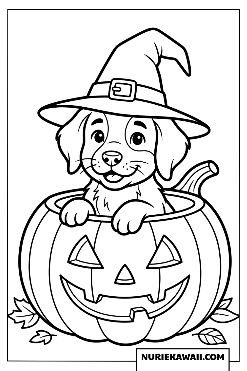 ハロウィンのカボチャランタンから顔を出す可愛い子犬の塗り絵