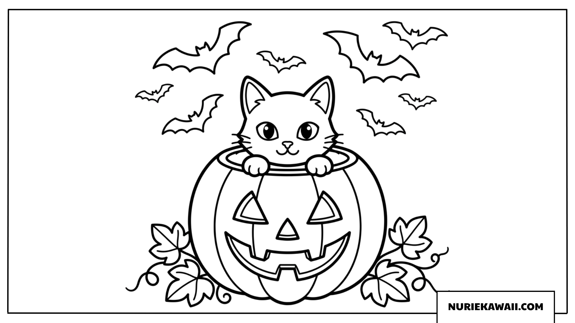 ハロウィンのジャックオランタンから顔を出す猫の楽しい塗り絵