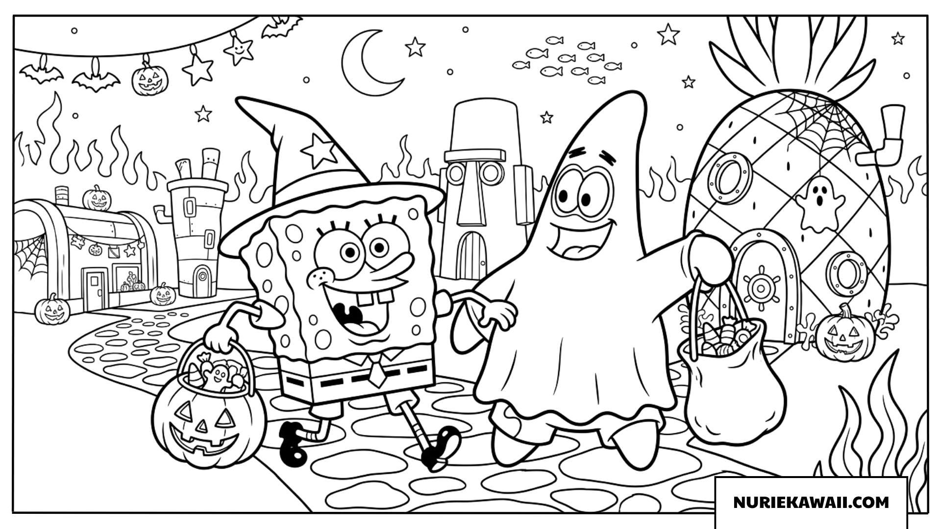 ハロウィンの夜に仮装して家々を巡るスポンジボブとパトリックの塗り絵