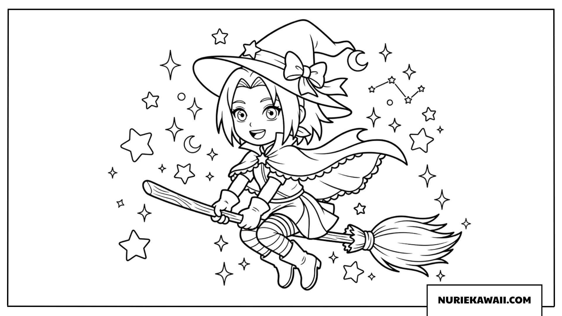 ハロウィンの夜に魔法のほうきに乗って夜空を飛ぶサクラちびキャラの可愛い塗り絵