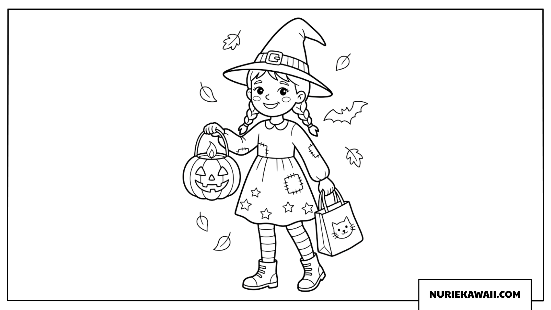 ハロウィンの大きなジャックオランタンの南瓜を持つ女の子の塗り絵