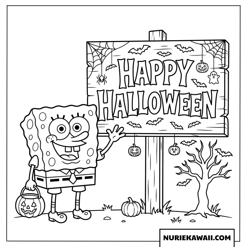 ハロウィンの看板とスポンジボブの塗り絵