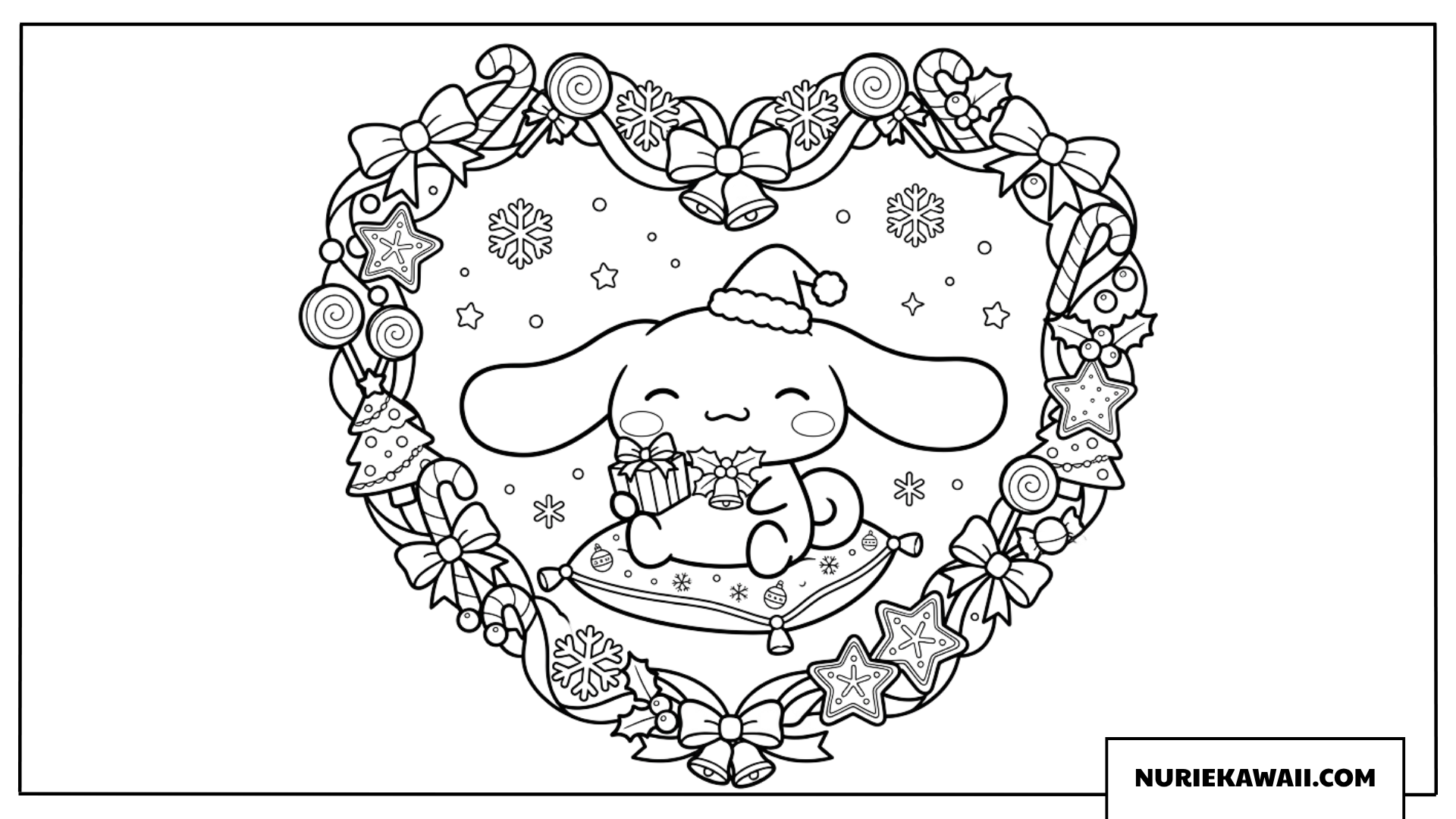 ハートのクリスマスフレームに囲まれたシナモロールの塗り絵