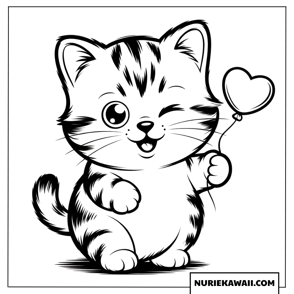 ハートの風船を持つ子猫の塗り絵