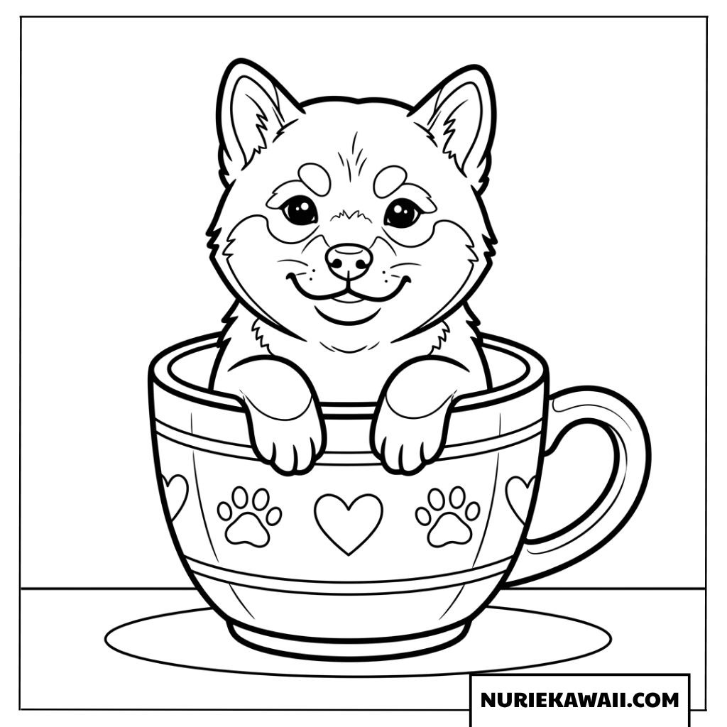 ハートや肉球模様の可愛いコーヒーカップの中にすっぽり入った柴犬の子犬の塗り絵