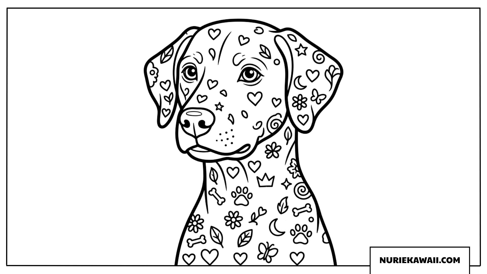 ハートや花の可愛い模様を身にまとったダルメシアンの塗り絵