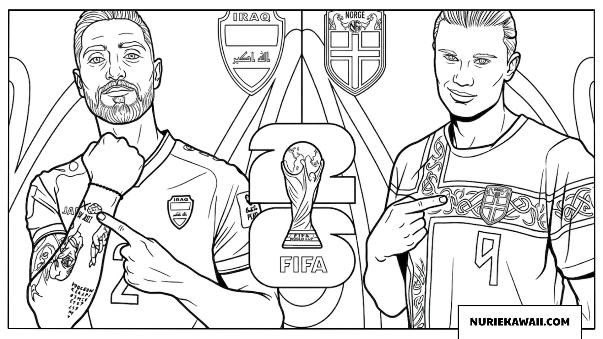 ハーランドとフセインと2026年ワールドカップトロフィーの塗り絵
