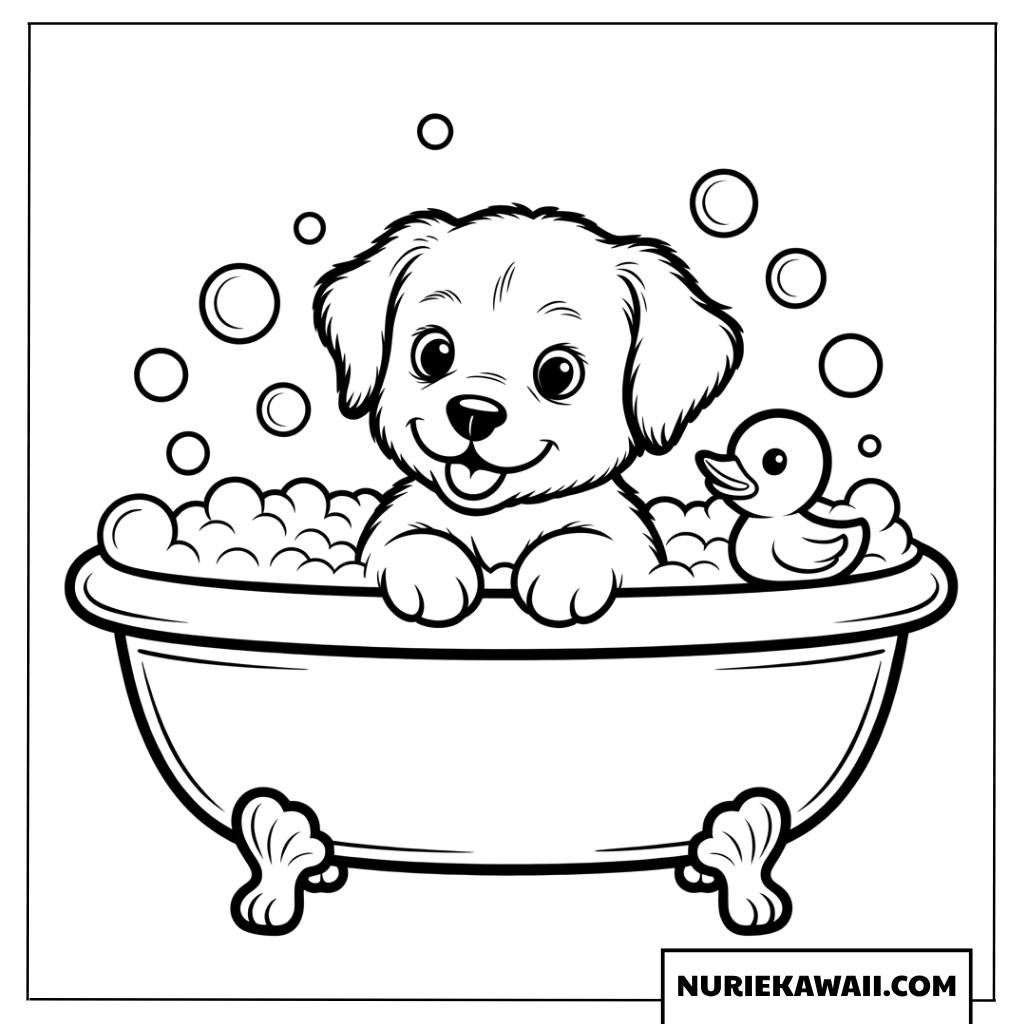 バスタブで泡と遊ぶ子犬の楽しい塗り絵
