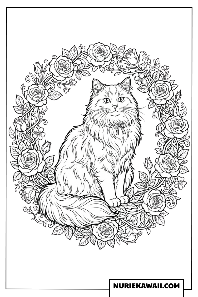バラの花輪に座る長毛猫の塗り絵