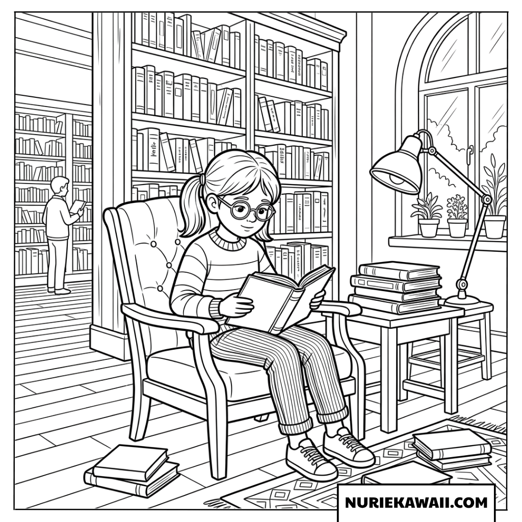 バロック風の窓辺で読書を楽しむお洒落な女の子の塗り絵